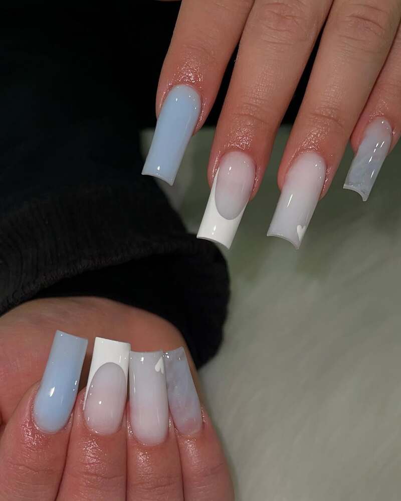 Long acrylic nails with baby blue and white ombré French tips