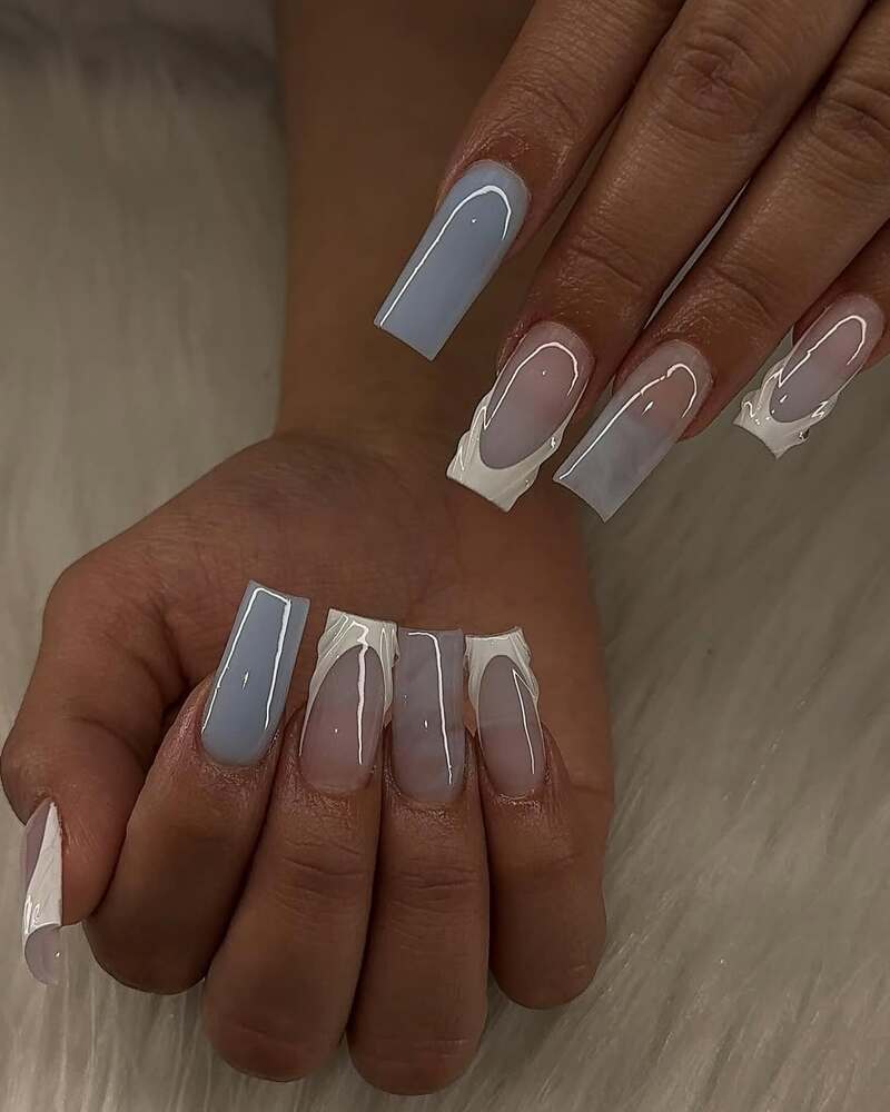 Long rectangular nails with pink to blue-grey gradient and white French tips